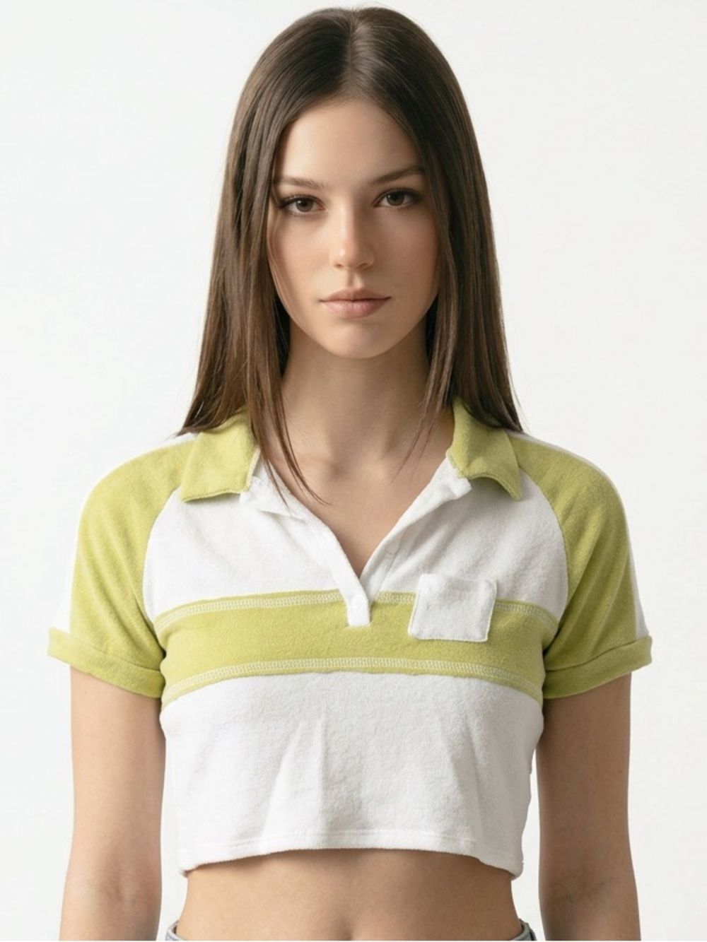 BUCKETLIST | Olive Green and White Cropped Polo Style Shirt Women’s Size Large